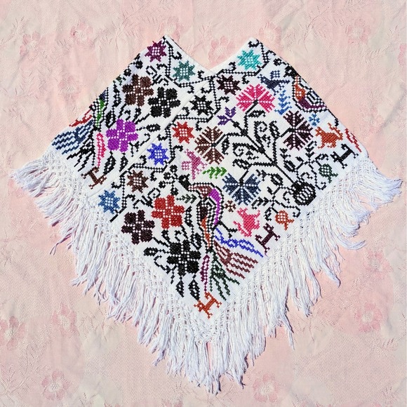 Sweaters - Mexican Hand Embroidered Poncho Artisanal Cross-Stitch Floral Peacock Boho Cape